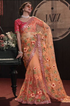 Orange Shaded Digital Net Bridal Saree