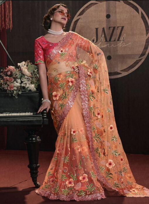Orange Shaded Digital Net Bridal Saree