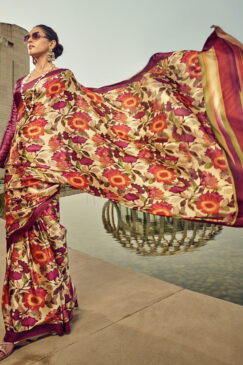 Multi Coloured Print Satin Silk Saree