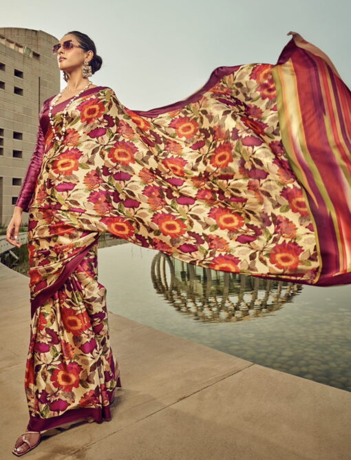 Multi Coloured Print Satin Silk Saree