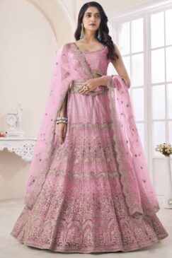 Pink Net Embroidered Bridal Lehenga Choli