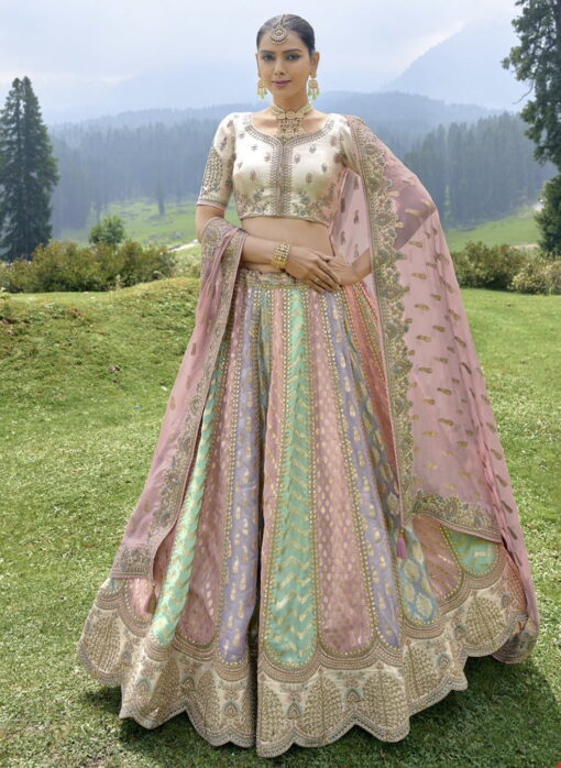 Multi Coloured Silk Embroidered Bridal Lehenga Choli