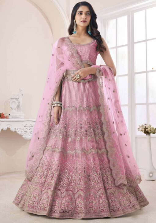 Pink Net Embroidered Bridal Lehenga Choli