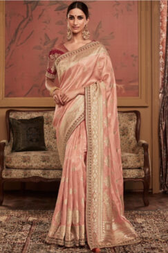 Peach Soft Dola Silk Wedding Saree