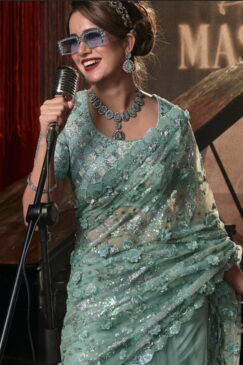 Alternative view of Sea Green Digital Net Bridal Saree