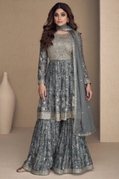 Grey Chinon Silk Embroidered Palazzo Suit