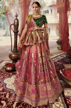 Multi Coloured Banarasi Silk Heavy Embroidered Bridal Lehenga Choli