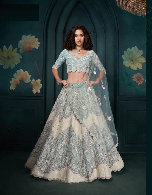 Georgette Fabric Beautiful Lehenga choli in Firozi Color