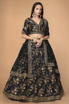 beautiful black color lehenga made of slub silk material embellished with dori work, zari sequin work, and embroidery work
