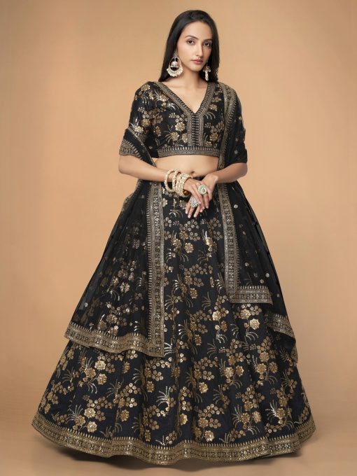 beautiful black color lehenga made of slub silk material embellished with dori work, zari sequin work, and embroidery work