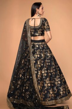 Alternative view of beautiful black color lehenga made of slub silk material embellished with dori work, zari sequin work, and embroidery work
