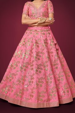 Alternative view of beautiful pink color lehenga made of slub silk material embellished with dori work, zari sequin work, and embroidery work