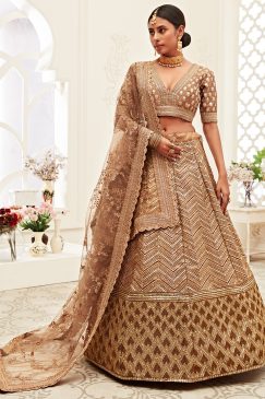 Lehenga in Brown Slub Silk richly crafted with Dori, Zari & Sequins embroidery work