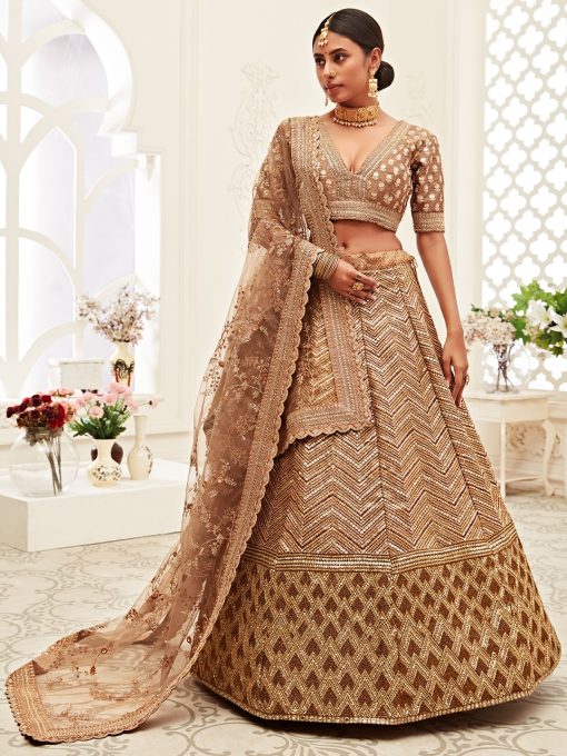 Lehenga in Brown Slub Silk richly crafted with Dori, Zari & Sequins embroidery work