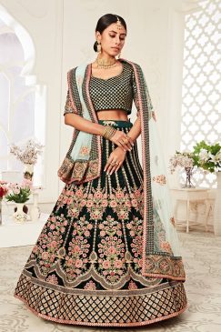 Alternative view of Lehenga in Dark Green Velvet richly crafted with Dori, Zari & Thread embroidery with Diamond work