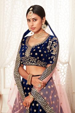 Alternative view of Lehenga in Navy Blue Velvet richly crafted with Zari & Thread embroidery with Diamond work
