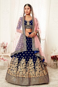 Lehenga in Navy Blue Velvet richly crafted with Zari & Thread embroidery with Diamond work