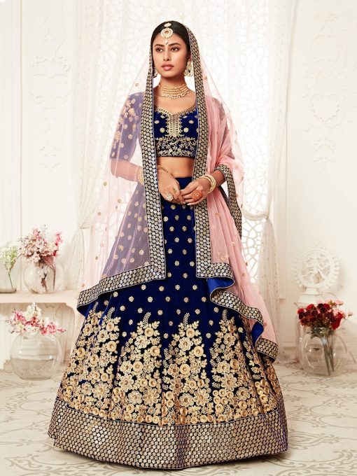 Lehenga in Navy Blue Velvet richly crafted with Zari & Thread embroidery with Diamond work