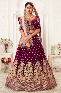 special day by wearing this purple colour velvet bridal lehenga Choli