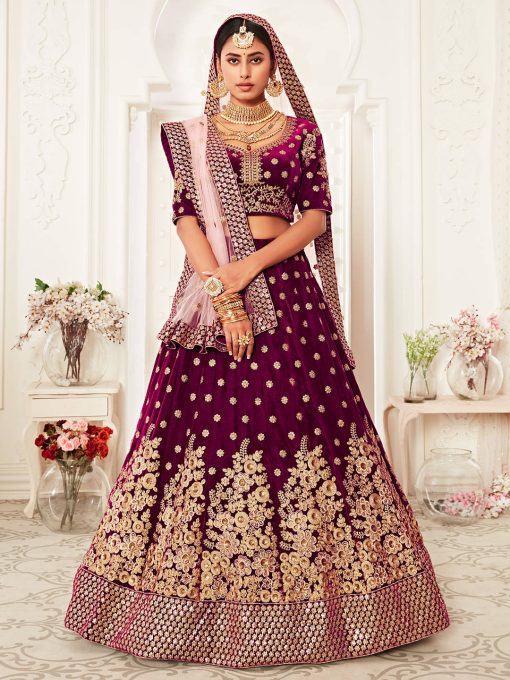 special day by wearing this purple colour velvet bridal lehenga Choli