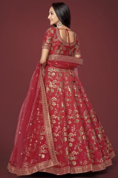 Alternative view of red color lehenga made of slub silk material decorated with dori work, zari sequin work, and embroidery work