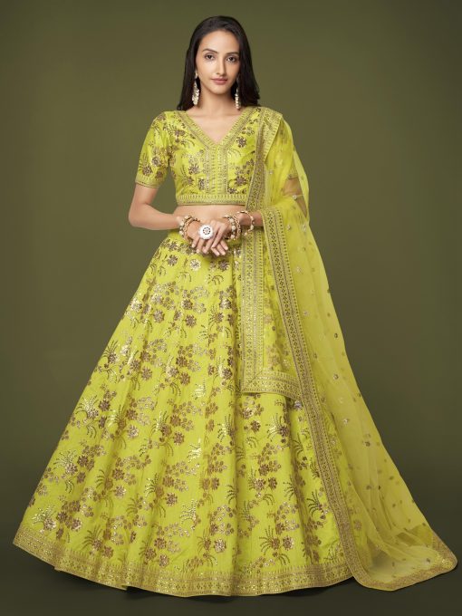 lehenga made of slub silk material decorated with dori work, zari sequin work, and embroidery work