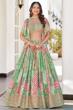 Green Color Beautiful Lehenga Choli in Chinon Silk Fabric