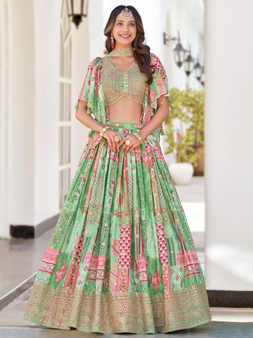 Green Color Beautiful Lehenga Choli in Chinon Silk Fabric