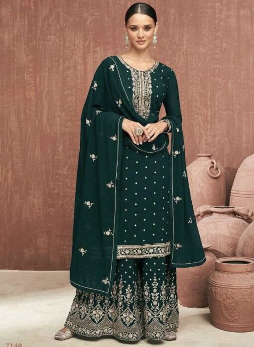 Green Georgette Embroidered Palazzo Pant Suit