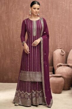 Wine Georgette Embroidered Palazzo Pant Suit