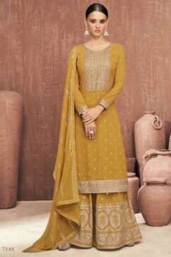 Yellow Georgette Embroidered Palazzo Pant Suit