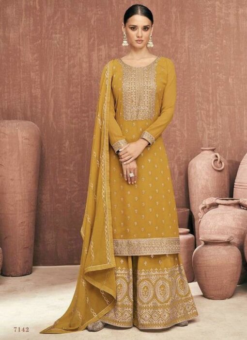 Yellow Georgette Embroidered Palazzo Pant Suit