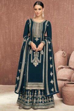 Teal Georgette Embroidered Palazzo Pant Suit