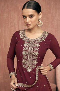 Alternative view of Maroon Georgette Embroidered Palazzo Pant Suit
