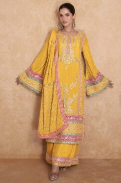 Yellow Embroidered Chinon Palazzo Pant Suit