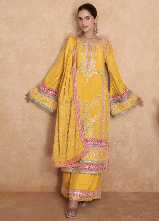 Yellow Embroidered Chinon Palazzo Pant Suit