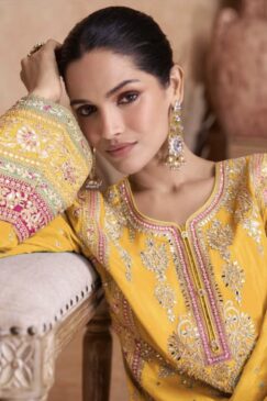 Alternative view of Yellow Embroidered Chinon Palazzo Pant Suit