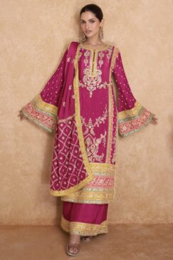 Pink Embroidered Chinon Palazzo Pant Suit