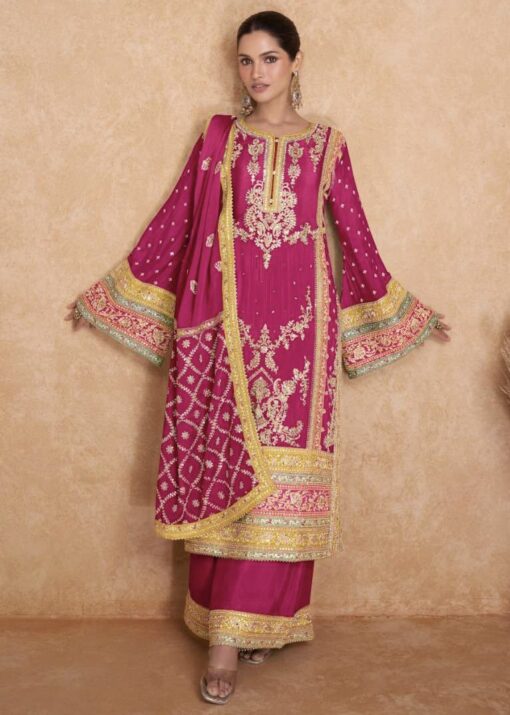 Pink Embroidered Chinon Palazzo Pant Suit