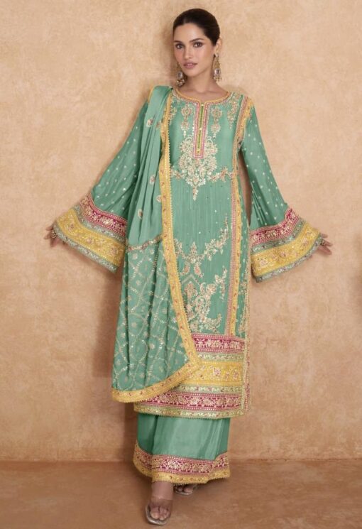 Mint Green Embroidered Chinon Palazzo Pant Suit