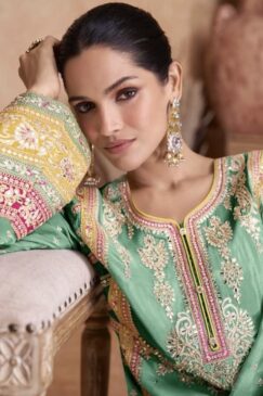 Alternative view of Mint Green Embroidered Chinon Palazzo Pant Suit