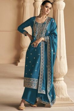 Blue Embroidered Silk Palazzo Pant Suit