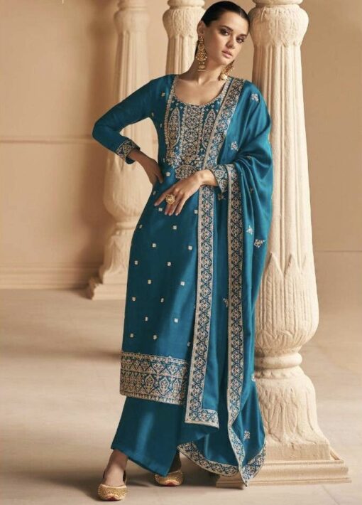 Blue Embroidered Silk Palazzo Pant Suit