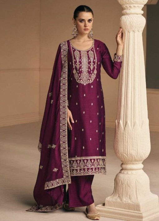 Wine Embroidered Silk Palazzo Pant Suit