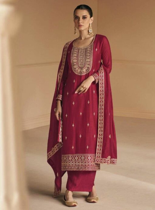 Red Embroidered Silk Palazzo Pant Suit