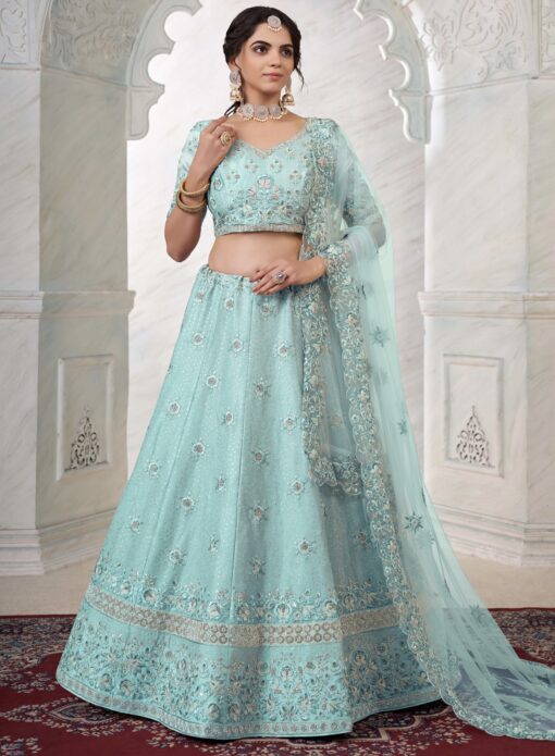 Fancy Silk Turquoise Heavy Embroidered Designer Lehenga Choli
