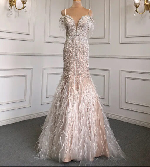 Luxury Feathered Sequin Embellished Evening Mermaid Dress