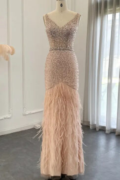 Luxury Nude Pink Feathered Sequin Embellished Evening Dress