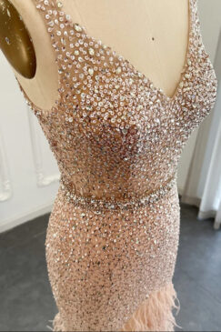 Alternative view of Luxury Nude Pink Feathered Sequin Embellished Evening Dress