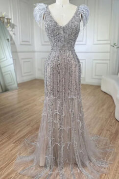 Luxury Sequin Embellished Evening Dress With Feather Sleeve